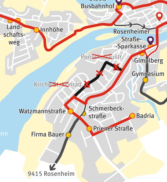 Stadtbus: Vorübergehende Streckenführung, die Haltestellen Ponschabaustraße und Kirche St. Konrad können nicht angefahren werden.