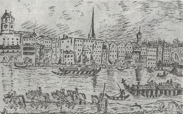 Zeichnung von Schiffen auf einem Fluss, die von Pferden an Land gezogen werden. Im Hintergrund Häuserfassaden einer Stadt.