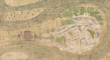 Gezeichneter Plan einer Stadt, die von einem Fluss umflossen wird und dabei nahezu eine Insel ausbildet.