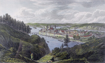 Blick auf Wasserburg von Südosten, kolorierter Stahlstich von Robert Batty (Zeichnung) und William Radclyffe (Stich), 1822 © Museum Wasserburg, Inv.-Nr. 11571.