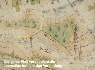 Der Fahrweg von der Ledererzeile über die Berggasse zur Burg hinauf, Ausschnitt aus dem Stadtplan/Grundriss von Tobias Volckmer d. J. / Grundriss 1615, HAAB, Kt 100 Wasser 3 R Ms., Vgl. https://www.historisches-lexikon-wasserburg.de/Grundriss_1615