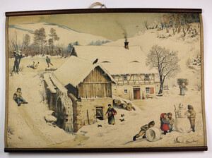 Schulwandbild „Winter – Wiese“, aus: Serie „Meinholds Bilder für den Anschauungsunterricht“, Verlag C. C. Meinhold & Söhne Dresden, um 1903, Lithografie auf Karton, 89 x 64 cm © Museum Wasserburg.