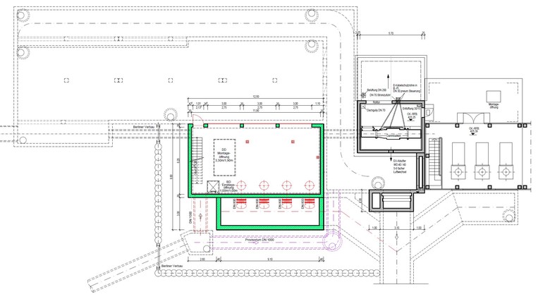 Schematischer Plan: rechts das bestehende, links (grün) das Schöpfwerk im Bau. Links oben bestehendes Rückhaltebecken