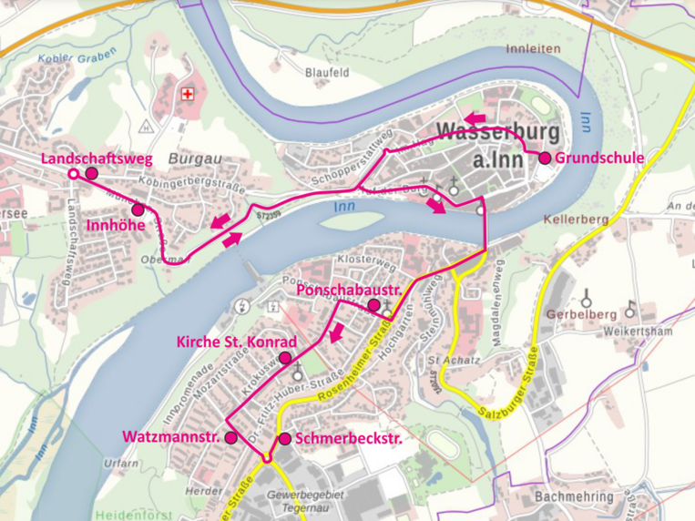 Neuer Verlauf des Schulbusses (Kartengrundlage: BayernAtlas)